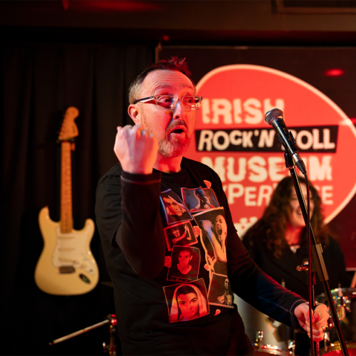 up close of tour guide in Rock 'n' Roll museum
