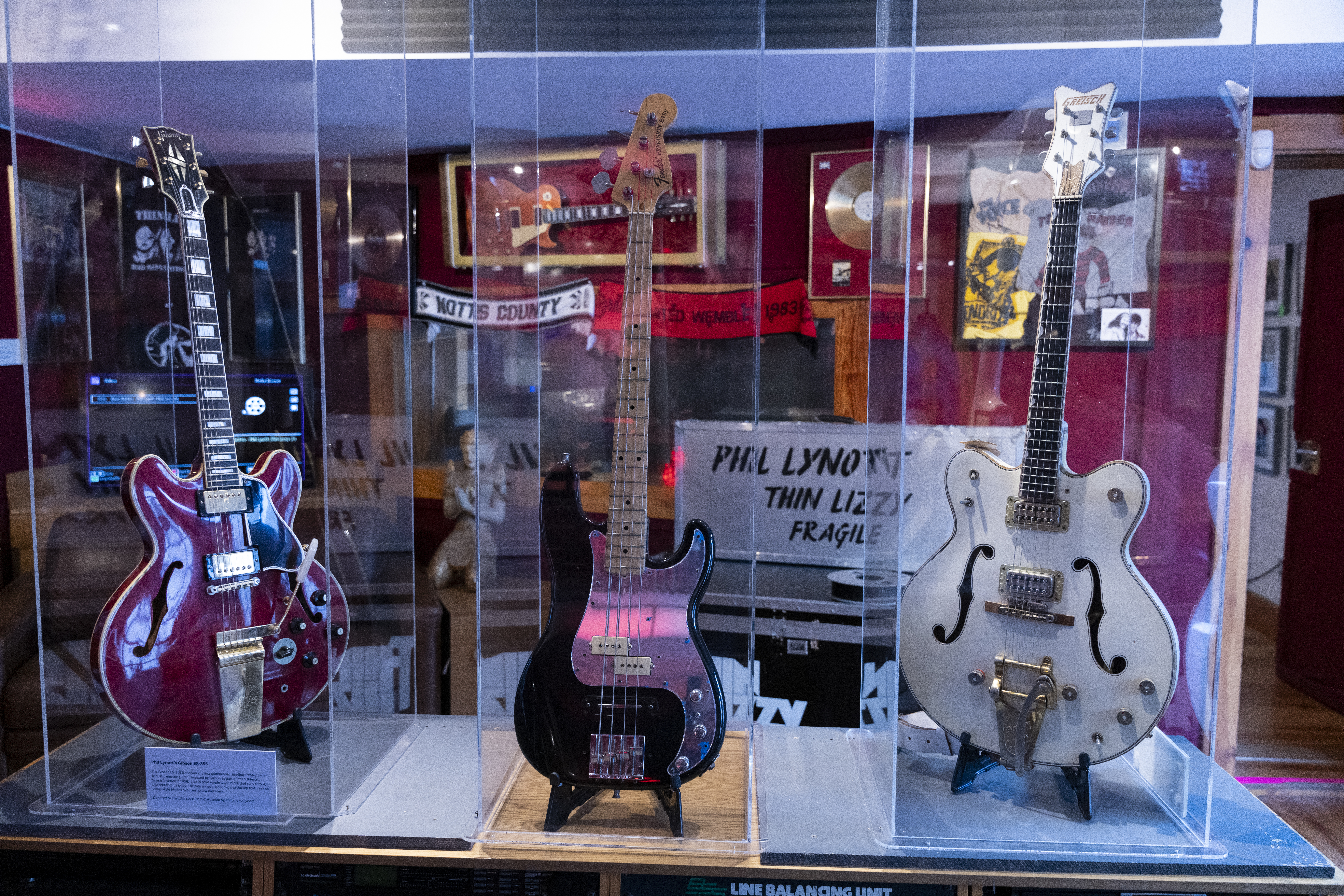 guitars in cases on display