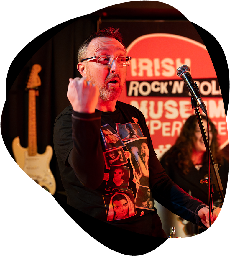 up close of tour guide in Rock 'n' Roll museum