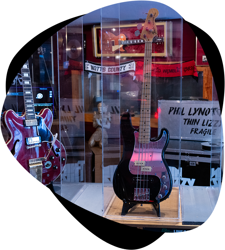 guitars in cases on display